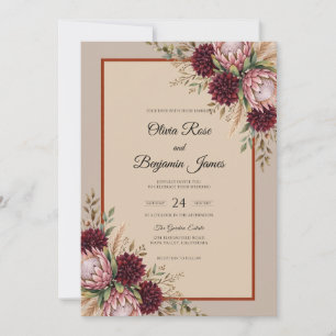 Maroon Protea Champagne Eucalyptus Wedding Invitation