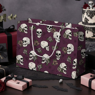 Maroon Purple Gothic Skulls and Roses Halloween Large Gift Bag