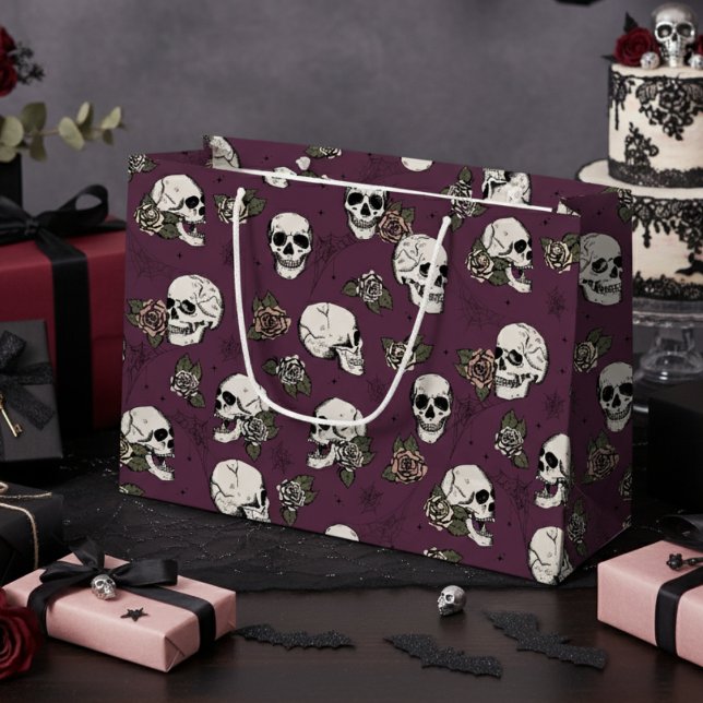 Maroon Purple Gothic Skulls and Roses Halloween Large Gift Bag (Elegant Skull and Roses Gothic Halloween Gift Bags for Her. Gothic Chic Style. Floral Skulls Pattern)