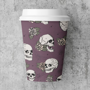 Maroon Purple Gothic Skulls and Roses Halloween Paper Cups