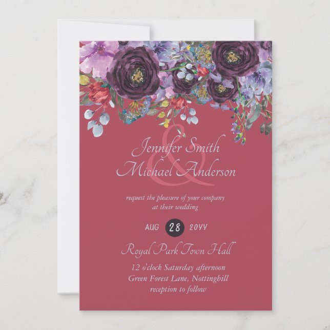 Maroon Purple Pink Berry Floral Wedding Invitation (Front)