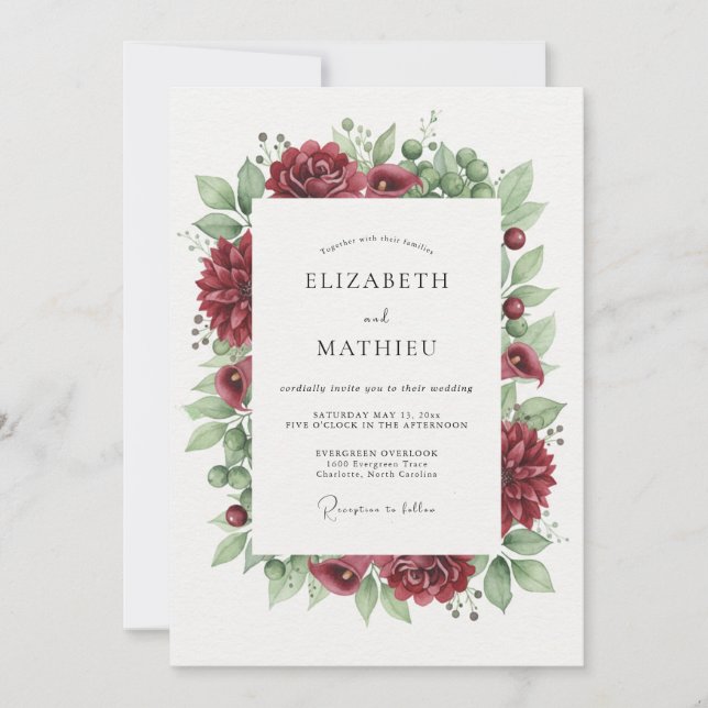 Maroon Ranunculus Wreath Wedding Invitation (Front)