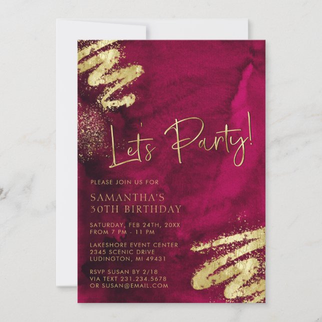 Maroon Red and Gold Birthday Invitation (Front)