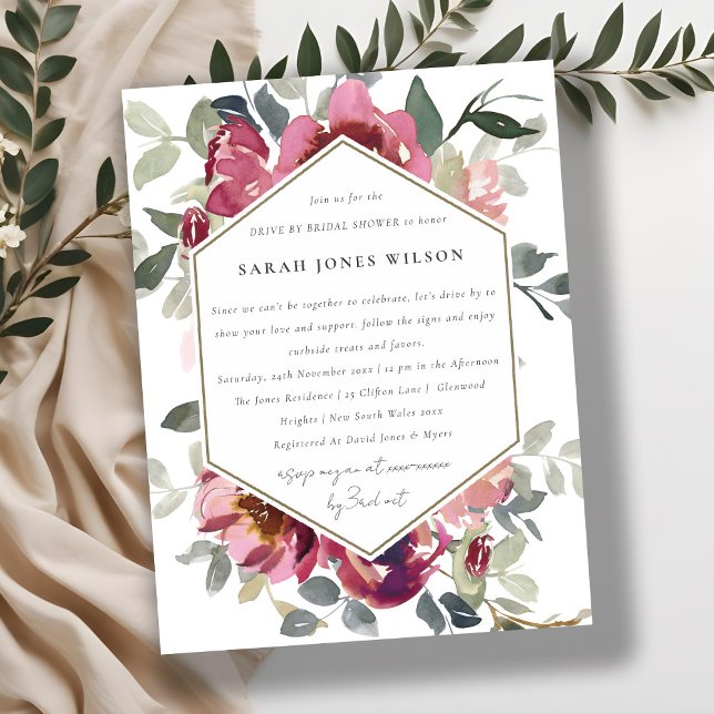 MAROON RED BLUSH ROSE FLORA DRIVE BY BRIDAL SHOWER POSTCARD (Creator Uploaded)