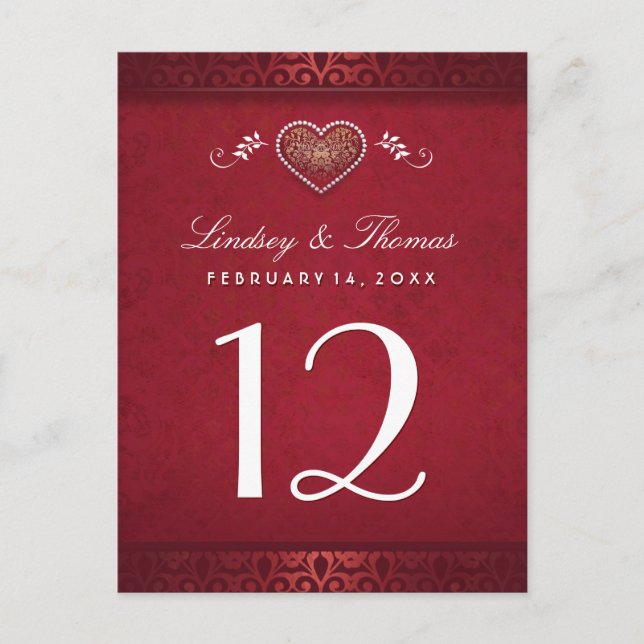 Maroon Red Floral Heart Table Number Cards (Front)