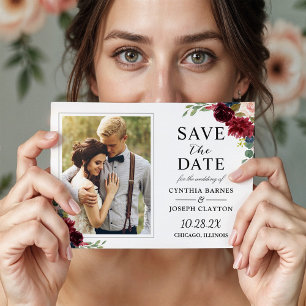 Maroon Red Floral Save the Date Photo Magnet