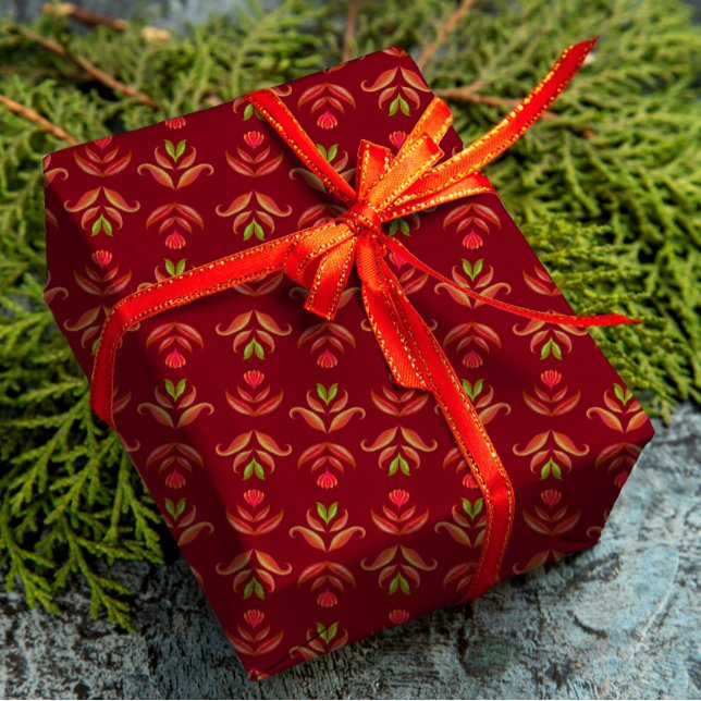 Maroon Red Folk Art Floral Cosy & Rustic Christmas Wrapping Paper (Creator Uploaded)