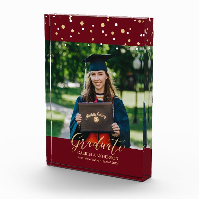 Maroon Red & Gold Confetti Graduation Gift Photo Block (Right)