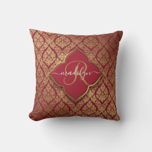Maroon Red Gold Fleur Damask Pattern Monogram Cushion