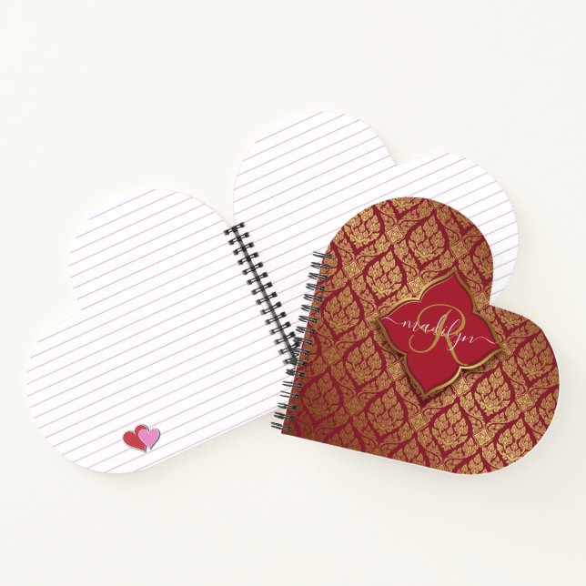 Maroon Red Gold Fleur Damask Pattern Monogram Notebook (Inside)