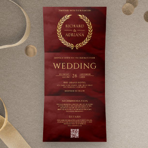 Maroon Red Gold Laurel Minimal QR Code Wedding Tri-Fold Invitation