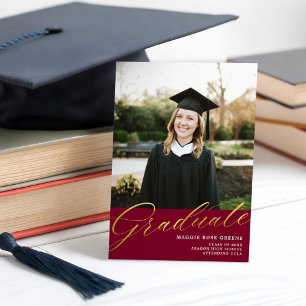 Maroon Red Gold Modern Script   Graduation Photo Announcement