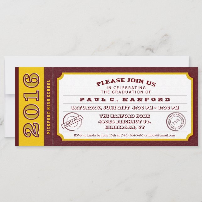 Maroon Red & Gold Ticket Graduation Party Invite (Front)