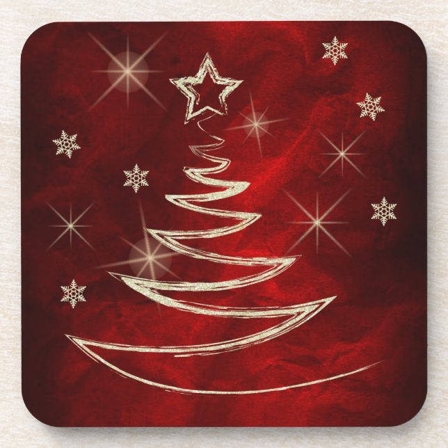 Maroon Red Gold Tree Christmas Coaster (Front)