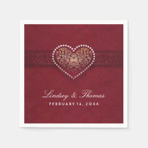 Maroon Red Gold & White Floral Heart Wedding Napkin