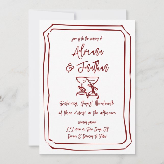 Maroon Red Hand Drawn Wedding Invitation (Front)