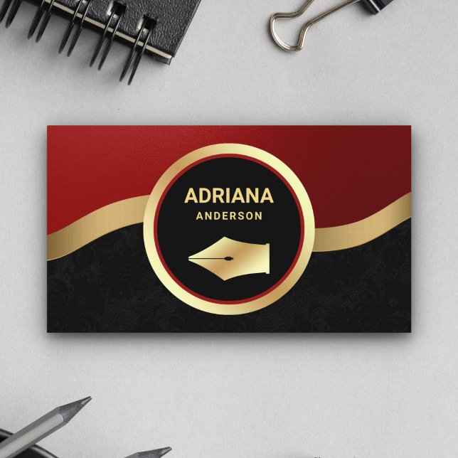 Maroon Red Lawyer Attorney Gold Pen Nib Notary Business Card (Creator Uploaded)