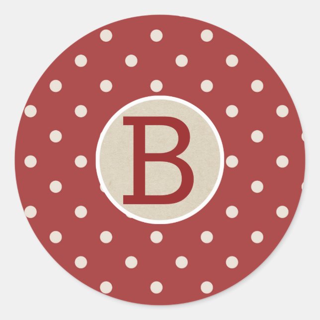 Maroon Red Polka Dot Rustic Country Kraft Monogram Classic Round Sticker (Front)