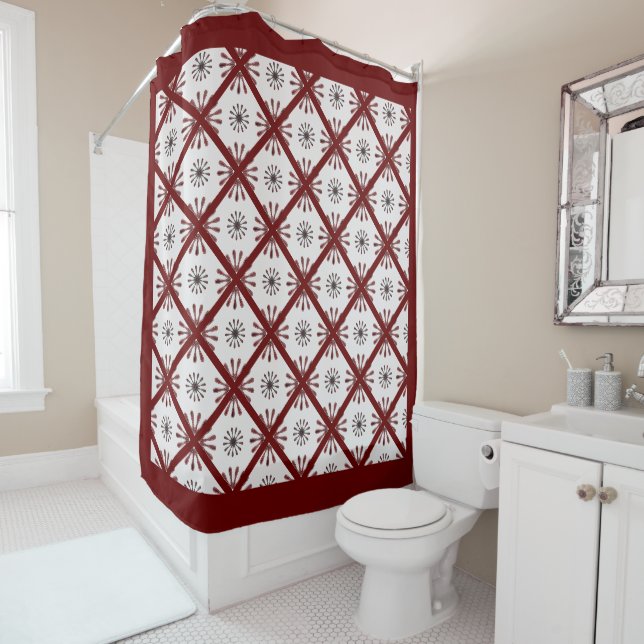 Maroon Red Retro Spiro Geometric Pattern Duvet Cov Shower Curtain (In Situ)