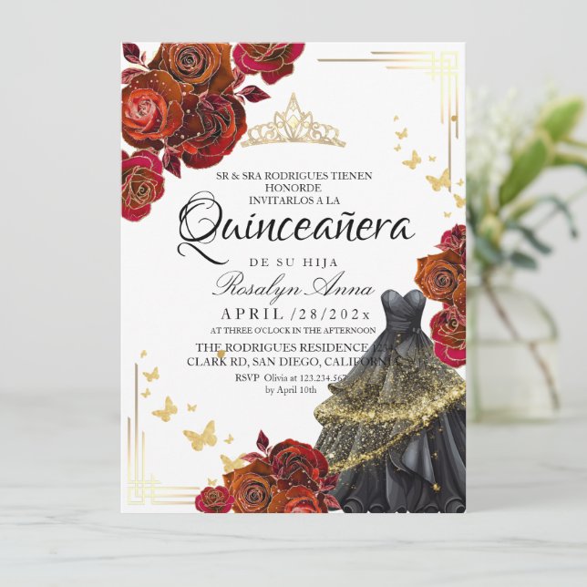 Maroon Red Rose Gold Butterfly Quinceañera Invitation (Standing Front)