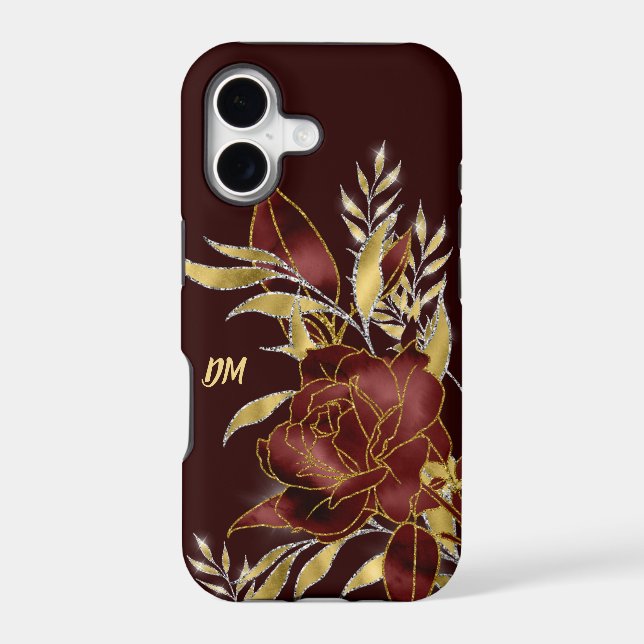 Maroon Red Rose Gold Leaves Monogram (Back)
