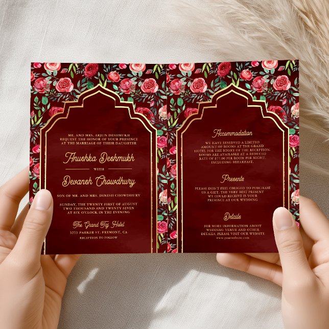 Maroon Red Roses Floral Gold Indian Wedding Invitation (Creator Uploaded)