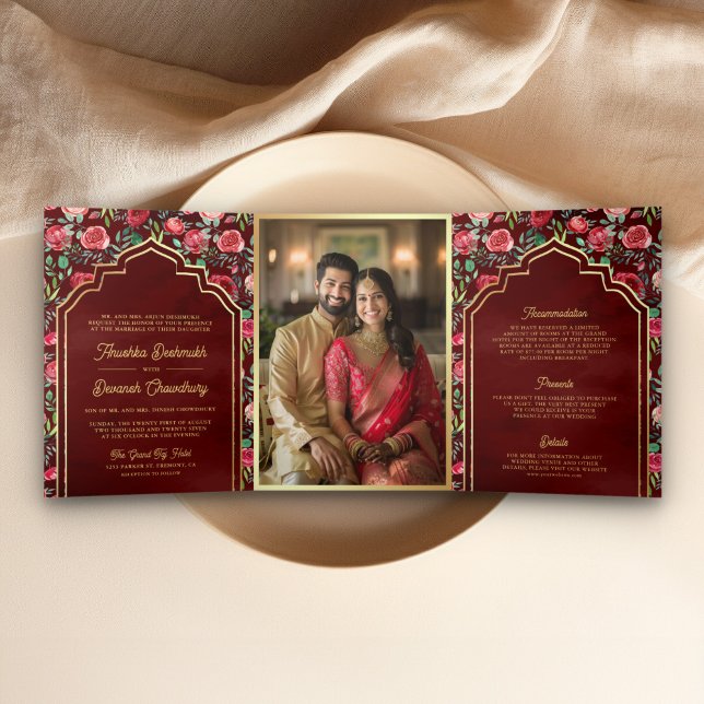 Maroon Red Roses Floral Gold Indian Wedding Tri-Fold Invitation (Creator Uploaded)