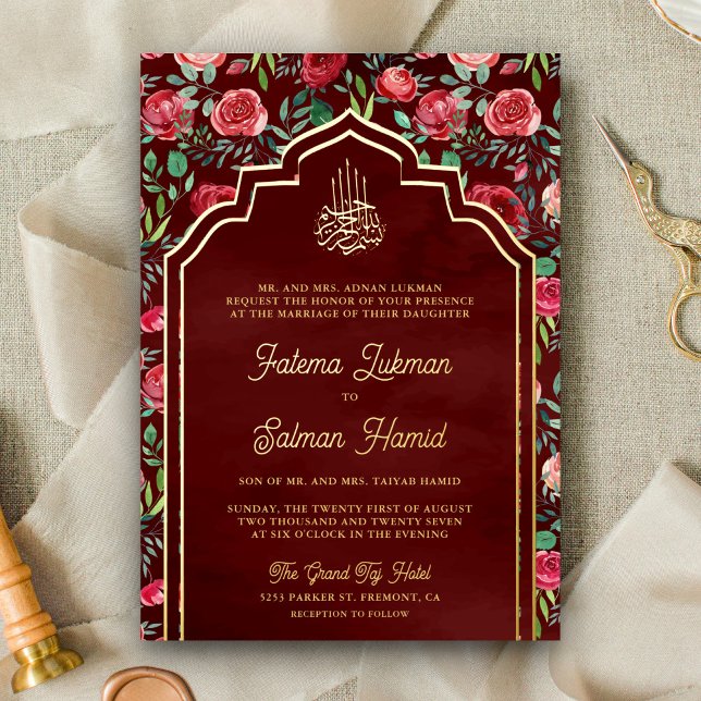Maroon Red Roses Floral Muslim Wedding Gold (Creator Uploaded)