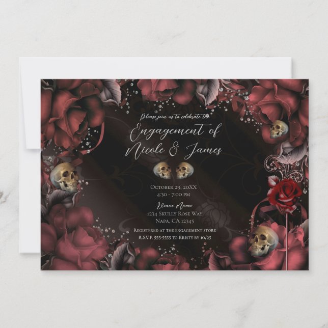 Maroon Red Rust Roses & Skulls Engagement Party Invitation (Front)