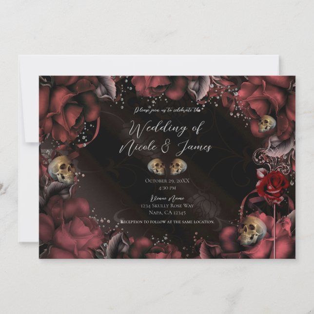 Maroon Red Rust Roses & Skulls Gothic Wedding   Invitation (Front)