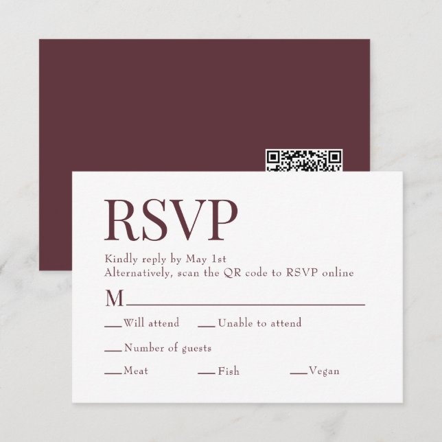 Maroon Red Scan Qr Code Meal Choice Wedding RSVP Card (Front/Back)