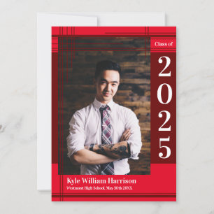 Maroon Red School Colour Graduation Photo Plaid Invitation