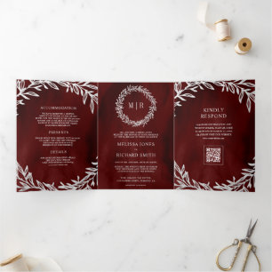 Maroon Red Silver Leaf Branch QR Code Wedding Tri-Fold Invitation