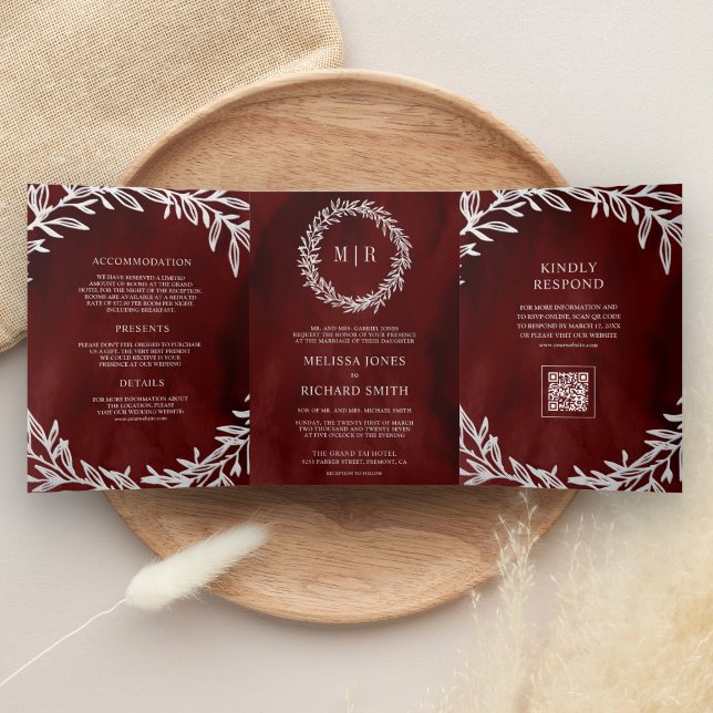 Maroon Red Silver Leaf Branch QR Code Wedding Tri-Fold Invitation (Creator Uploaded)