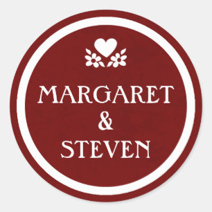Maroon Red & White Wedding Circle Name Sticker