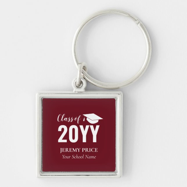 Maroon Red, White Your Name Custom Graduation Gift Key Ring (Front)