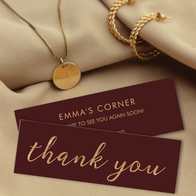 Maroon Red with Gold Thank You Business Card (maroon thank you card in golden text)
