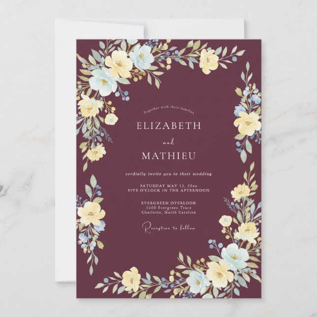 Maroon Refined Botanical Wedding Invitation (Front)