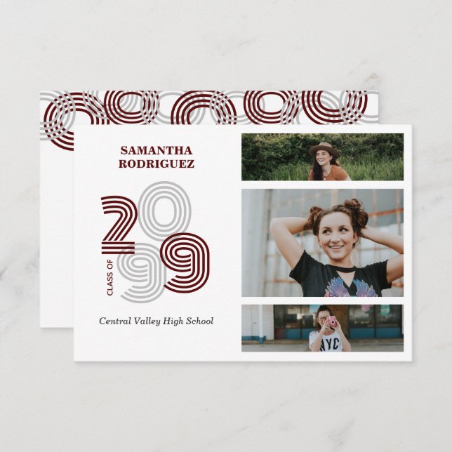 Maroon Retro Big Numbers 3-Photo Graduation Invitation (Front/Back)