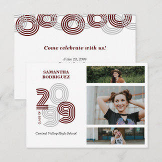 Maroon Retro Big Numbers 3-Photo Graduation Invitation