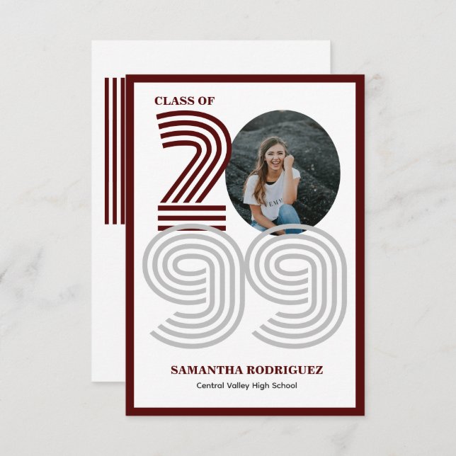 Maroon Retro Big Numbers Graduation Photo Invitation (Front/Back)