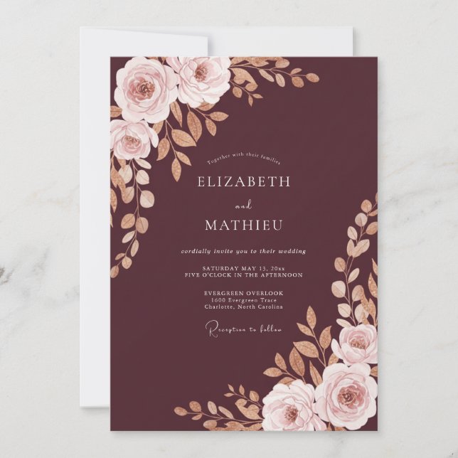 Maroon Rose Blush Peony Wedding Invitation (Front)