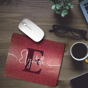Maroon Rose Glitter Monogram Name Mouse Pad
