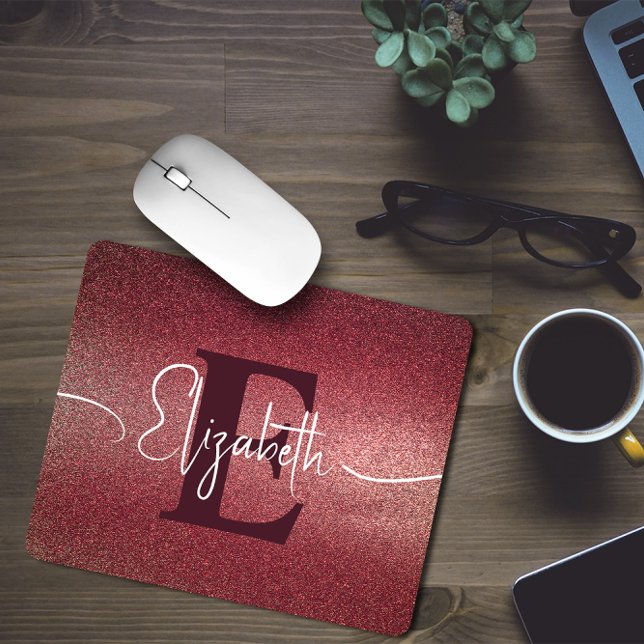 Maroon Rose Glitter Monogram Name Mouse Pad (Creator Uploaded)