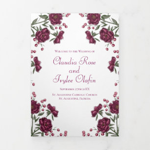 Maroon Rose Wedding Programs Tri-Fold Programme
