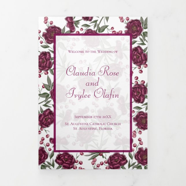 Maroon Rose Wedding Programs Tri-Fold Programme (Cover)