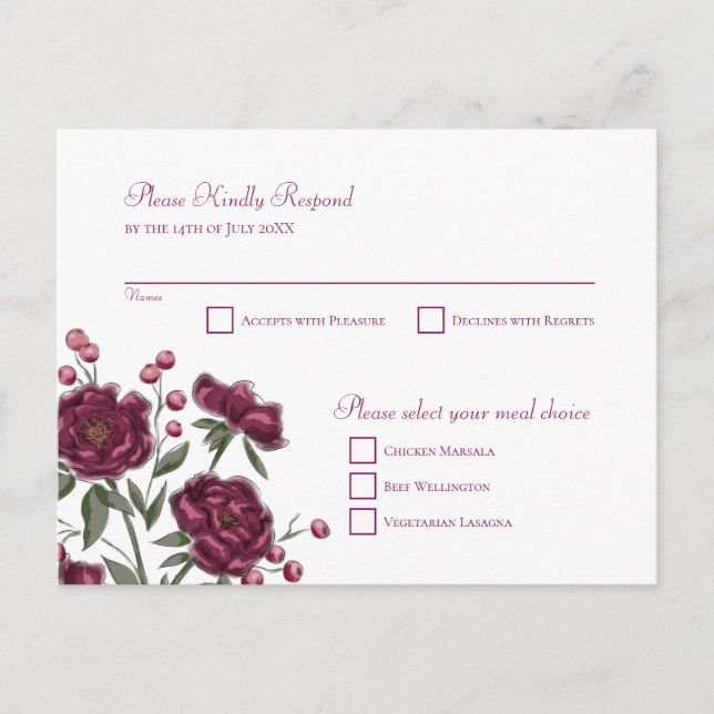 Maroon Rose Wedding RSVP Reply Holiday Postcard (Front)