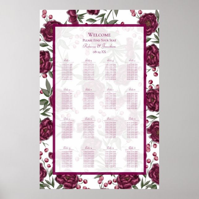Maroon Rose Wedding Seating Chart (Front)