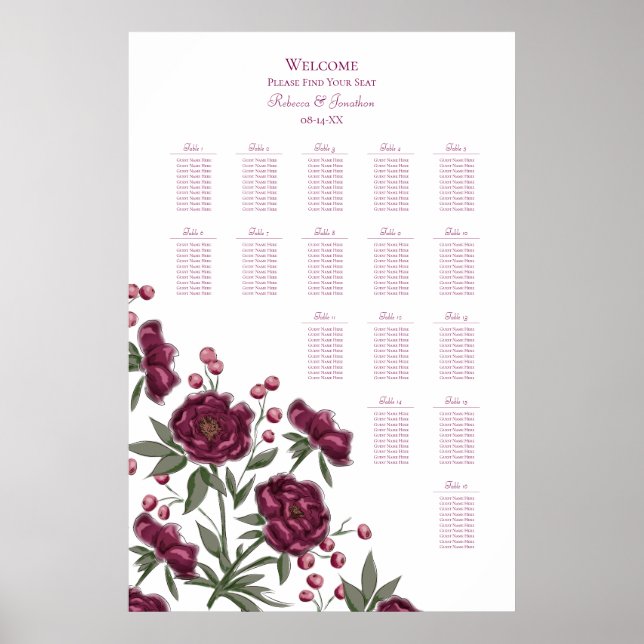 Maroon Rose Wedding Seating Chart (Front)
