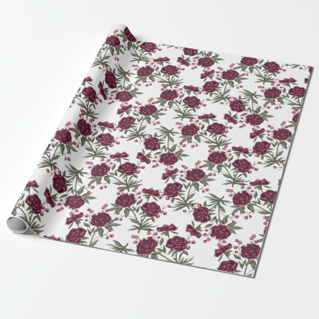Maroon Rose Wedding Wrapping Paper (Unrolled)
